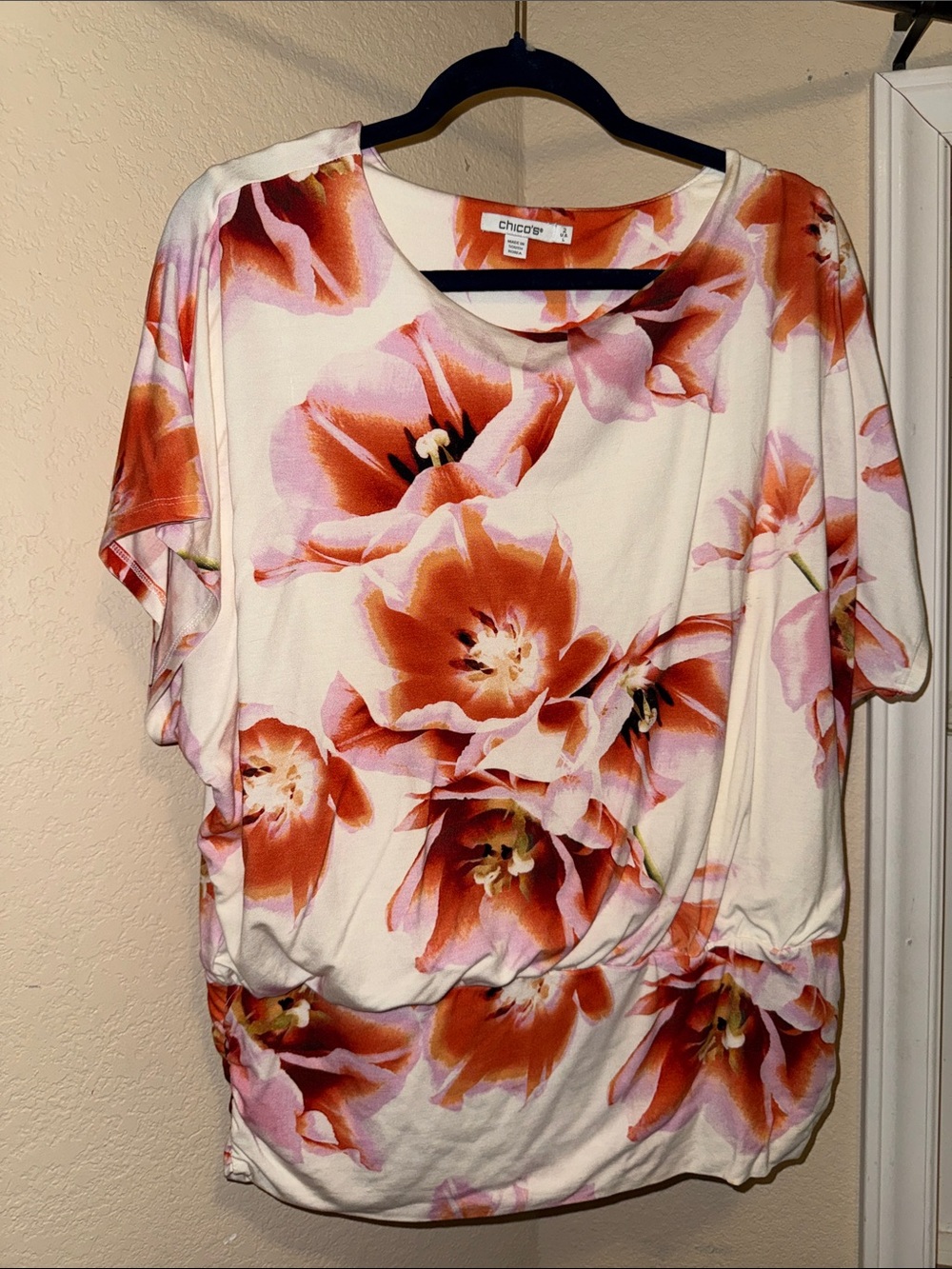 Chico's Cream Short Sleeve Top with Orange Floral Print